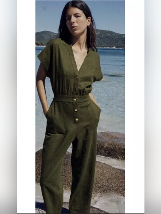 Zara Pants - Zara Olive Green V-Neck Utility Jumpsuit with Button Front